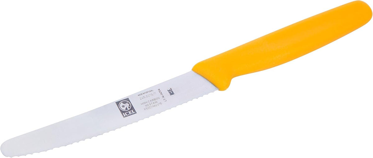 4.25 Inch Serrated Edge Steak Knife, High Carbon German Stainless Steel Razor Sharp Blade, Textured Non-Slip Red Polypropylene Handle