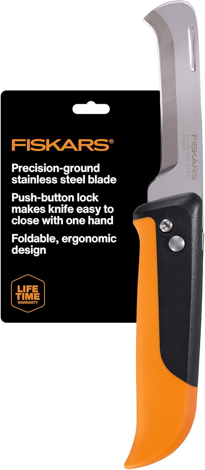Folding Produce Knife, Gardening Tool for Harvesting Produce with Foldable Ergonomic Design, Stainless Steel Curved Blade, Orange