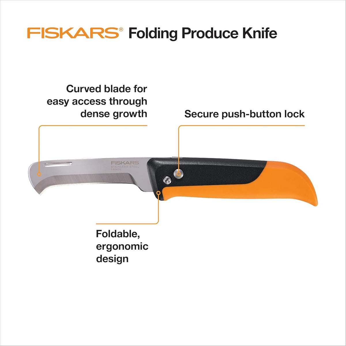 Folding Produce Knife, Gardening Tool for Harvesting Produce with Foldable Ergonomic Design, Stainless Steel Curved Blade, Orange