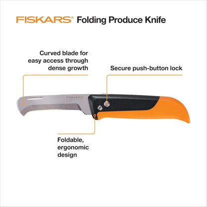 Folding Produce Knife, Gardening Tool for Harvesting Produce with Foldable Ergonomic Design, Stainless Steel Curved Blade, Orange