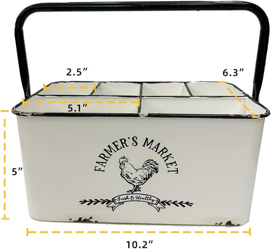 Distressed White Rustic Metal Silverware Caddy Utensil Holder with 6 Compartments & Napkin Slot – Portable for Parties, Picnics, Countertop & Kitchen