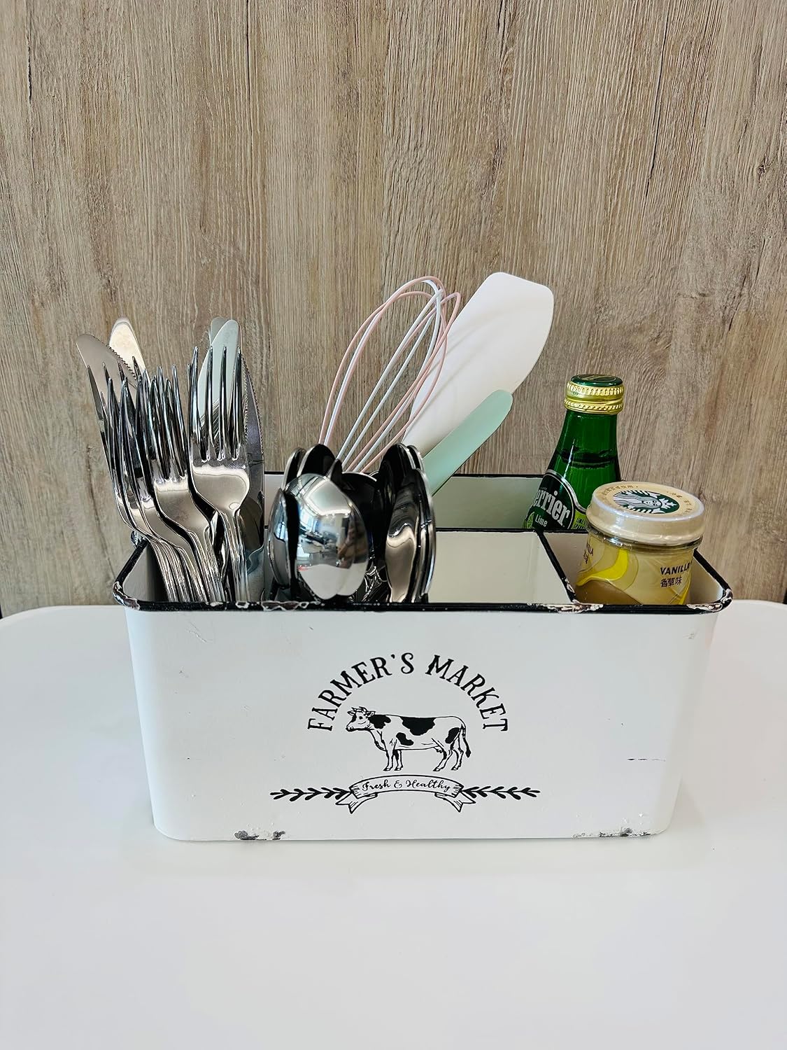 Distressed White Rustic Metal Silverware Caddy Utensil Holder with 6 Compartments & Napkin Slot – Portable for Parties, Picnics, Countertop & Kitchen