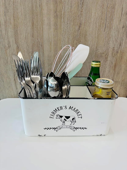 Distressed White Rustic Metal Silverware Caddy Utensil Holder with 6 Compartments & Napkin Slot – Portable for Parties, Picnics, Countertop & Kitchen