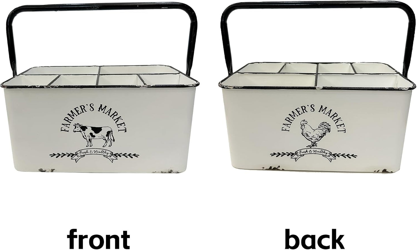 Distressed White Rustic Metal Silverware Caddy Utensil Holder with 6 Compartments & Napkin Slot – Portable for Parties, Picnics, Countertop & Kitchen