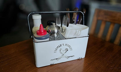 Distressed White Rustic Metal Silverware Caddy Utensil Holder with 6 Compartments & Napkin Slot – Portable for Parties, Picnics, Countertop & Kitchen