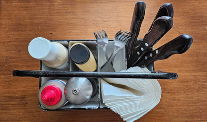 Distressed White Rustic Metal Silverware Caddy Utensil Holder with 6 Compartments & Napkin Slot – Portable for Parties, Picnics, Countertop & Kitchen
