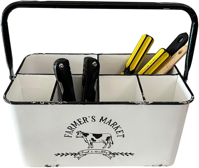 Distressed White Rustic Metal Silverware Caddy Utensil Holder with 6 Compartments & Napkin Slot – Portable for Parties, Picnics, Countertop & Kitchen