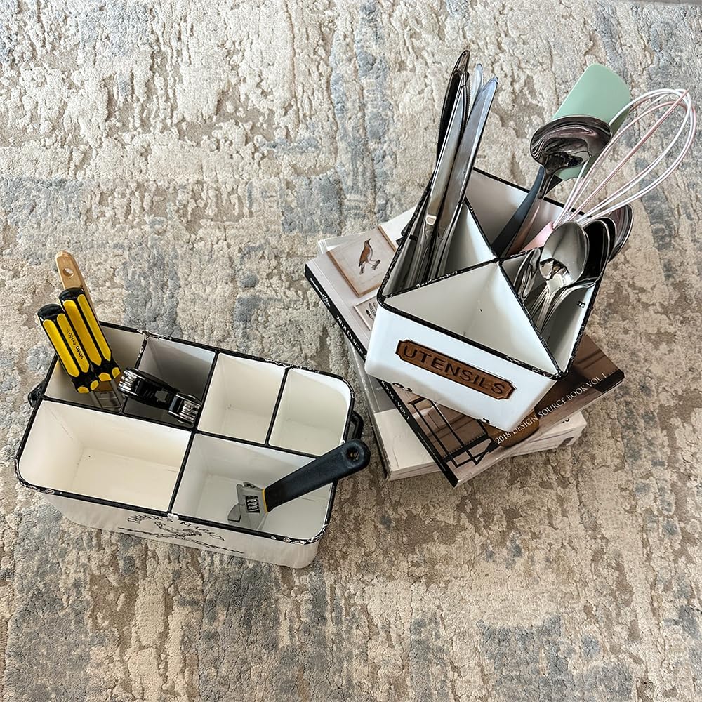 Distressed White Rustic Metal Silverware Caddy Utensil Holder with 6 Compartments & Napkin Slot – Portable for Parties, Picnics, Countertop & Kitchen