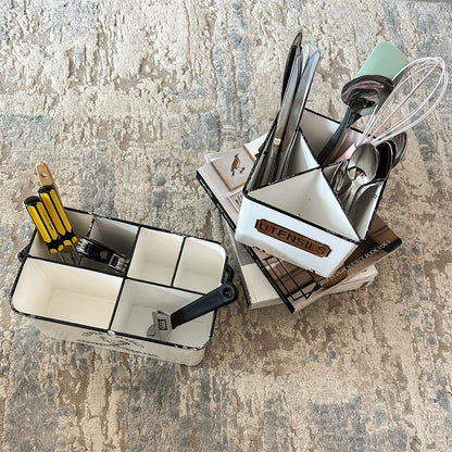 Distressed White Rustic Metal Silverware Caddy Utensil Holder with 6 Compartments & Napkin Slot – Portable for Parties, Picnics, Countertop & Kitchen