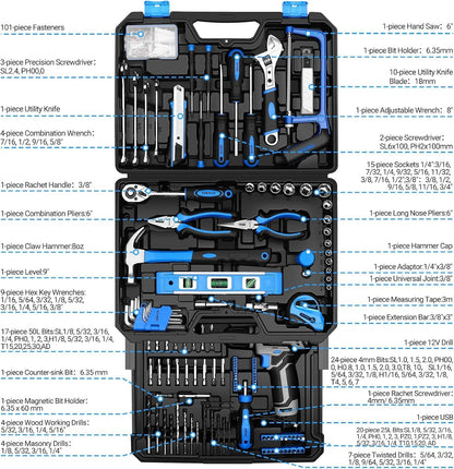Tool Set: Tool Kit with 12V Cordless Drill, Hand Toolbox with storage case, Mechanic Tool set for Home Repairs, Blue