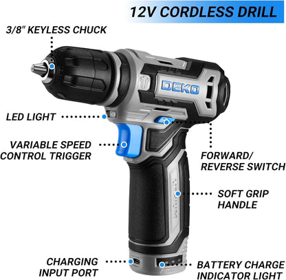 Tool Set: Tool Kit with 12V Cordless Drill, Hand Toolbox with storage case, Mechanic Tool set for Home Repairs, Blue
