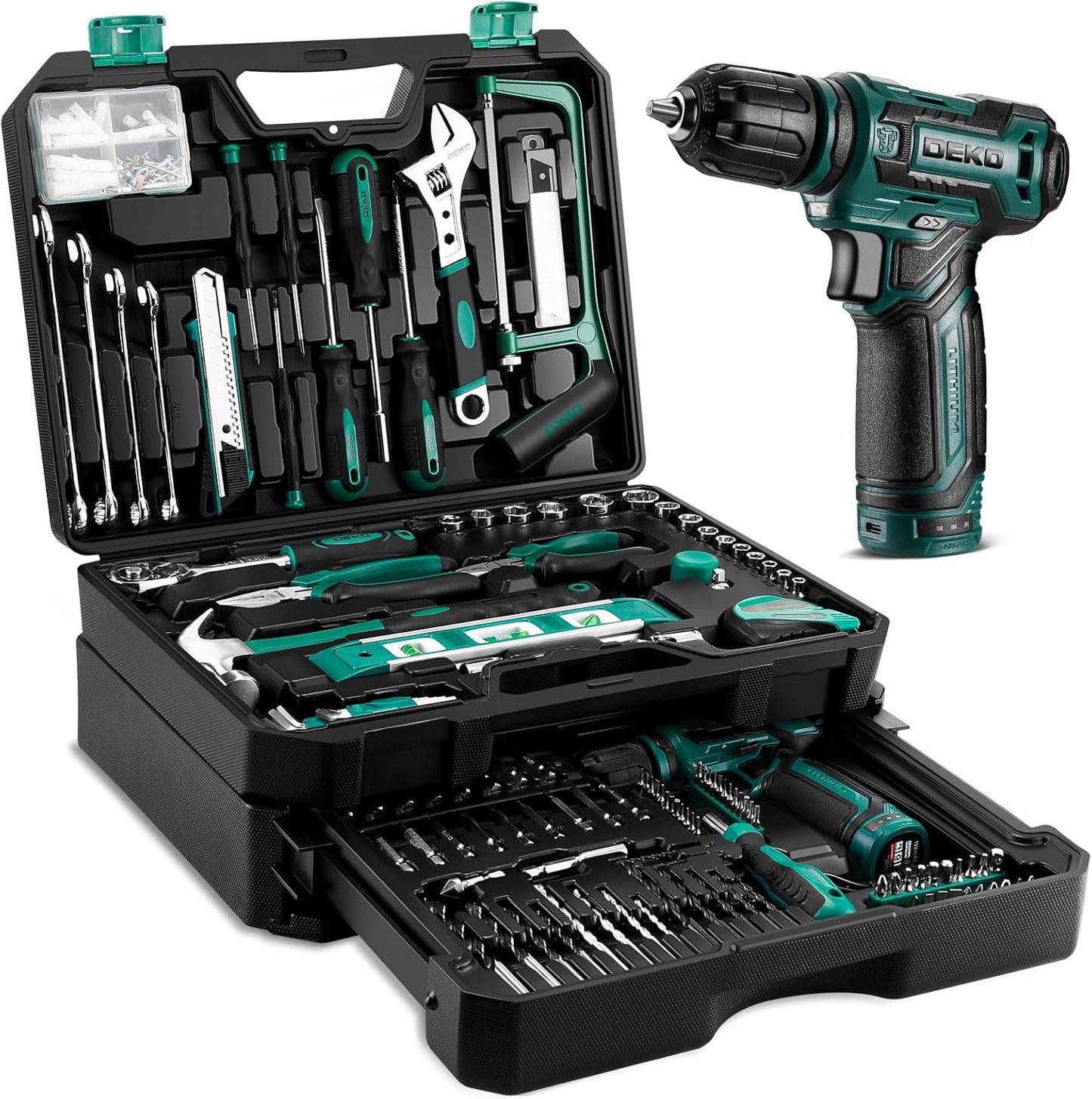 Tool Set: Tool Kit with 12V Cordless Drill, Hand Toolbox with storage case, Mechanic Tool set for Home Repairs, Blue