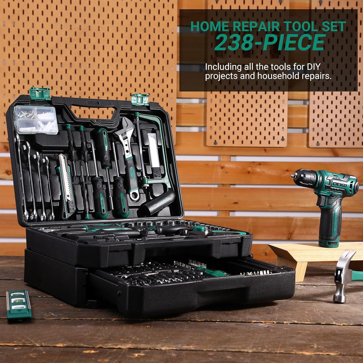Tool Set: Tool Kit with 12V Cordless Drill, Hand Toolbox with storage case, Mechanic Tool set for Home Repairs, Blue