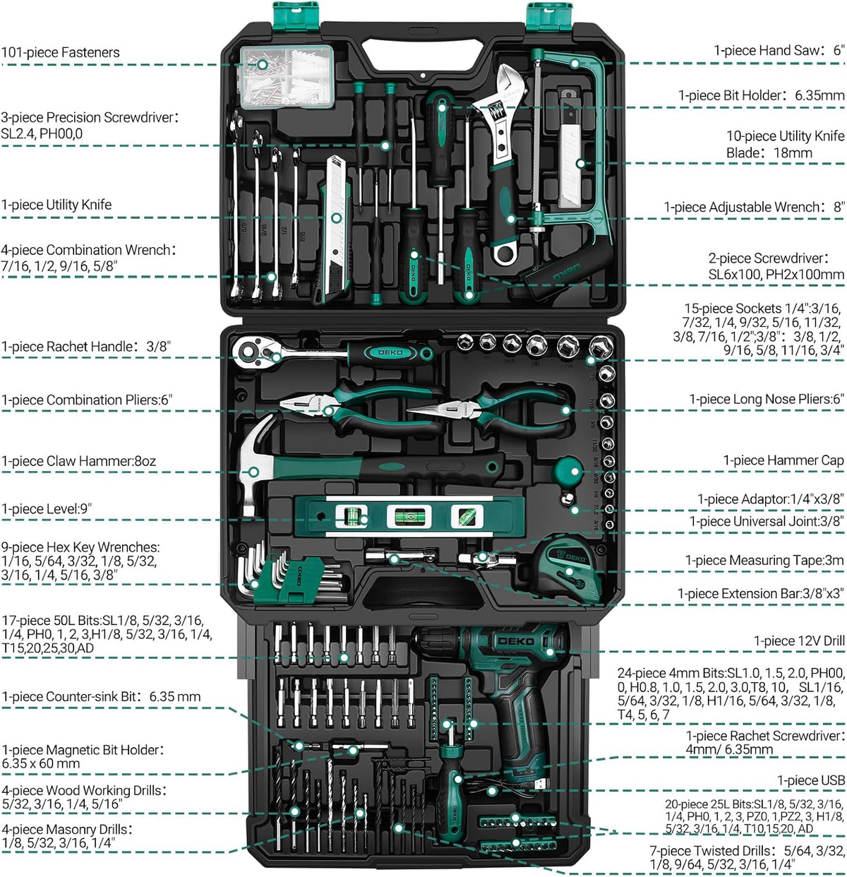 Tool Set: Tool Kit with 12V Cordless Drill, Hand Toolbox with storage case, Mechanic Tool set for Home Repairs, Blue