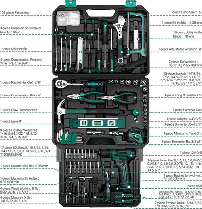 Tool Set: Tool Kit with 12V Cordless Drill, Hand Toolbox with storage case, Mechanic Tool set for Home Repairs, Blue
