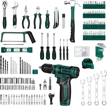 Tool Set: Tool Kit with 12V Cordless Drill, Hand Toolbox with storage case, Mechanic Tool set for Home Repairs, Blue