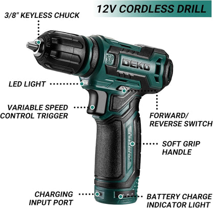 Tool Set: Tool Kit with 12V Cordless Drill, Hand Toolbox with storage case, Mechanic Tool set for Home Repairs, Blue