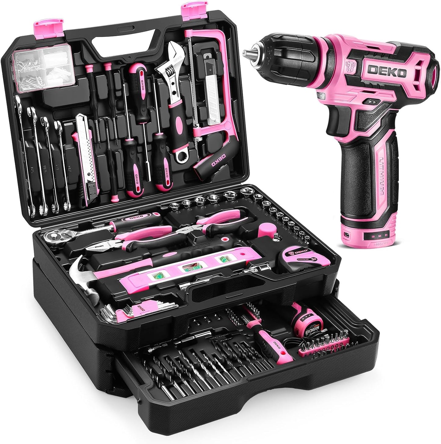 Tool Set: Tool Kit with 12V Cordless Drill, Hand Toolbox with storage case, Mechanic Tool set for Home Repairs, Blue
