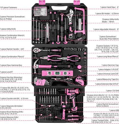 Tool Set: Tool Kit with 12V Cordless Drill, Hand Toolbox with storage case, Mechanic Tool set for Home Repairs, Blue