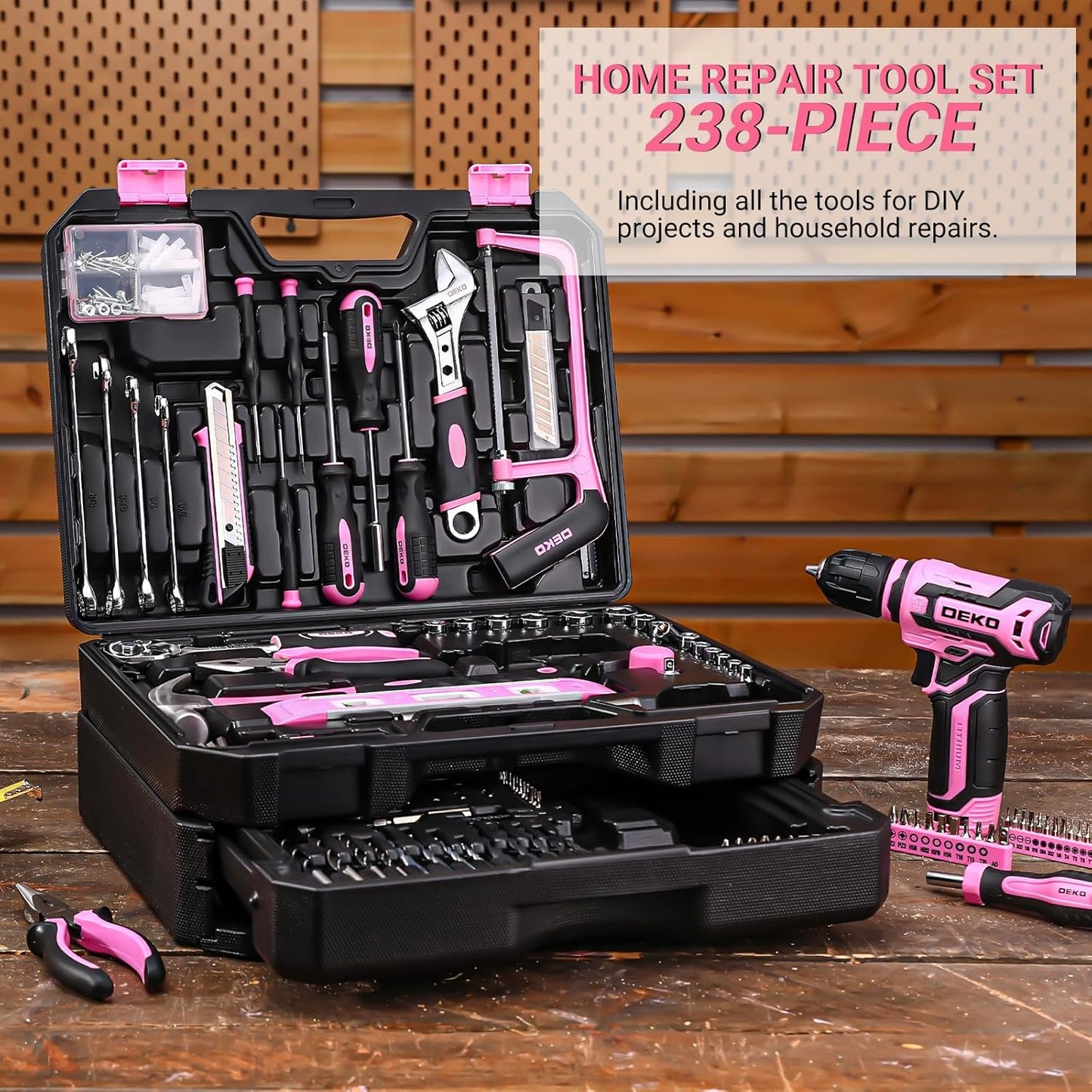 Tool Set: Tool Kit with 12V Cordless Drill, Hand Toolbox with storage case, Mechanic Tool set for Home Repairs, Blue