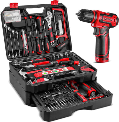 Tool Set: Tool Kit with 12V Cordless Drill, Hand Toolbox with storage case, Mechanic Tool set for Home Repairs, Blue