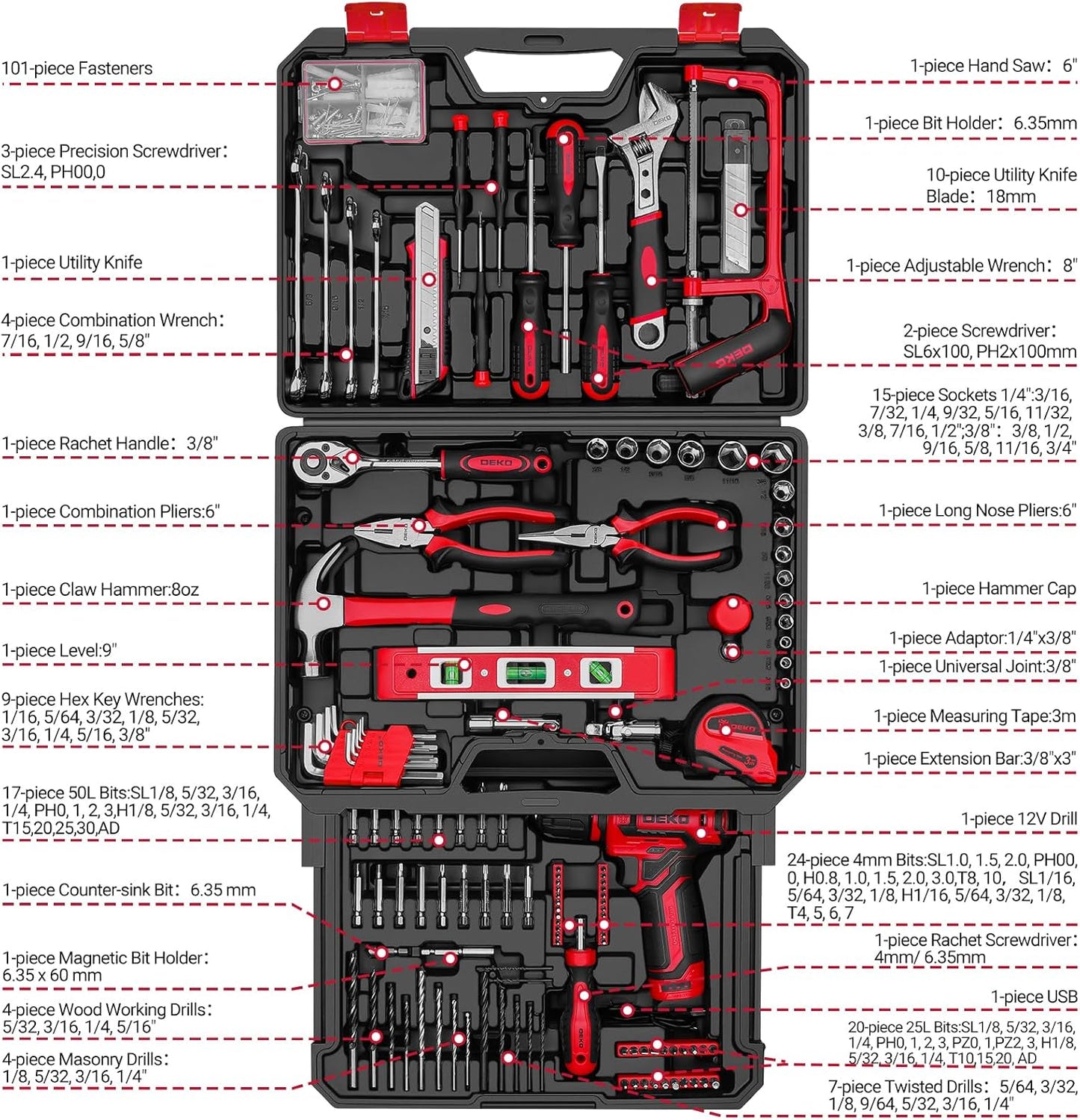 Tool Set: Tool Kit with 12V Cordless Drill, Hand Toolbox with storage case, Mechanic Tool set for Home Repairs, Blue