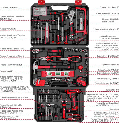 Tool Set: Tool Kit with 12V Cordless Drill, Hand Toolbox with storage case, Mechanic Tool set for Home Repairs, Blue