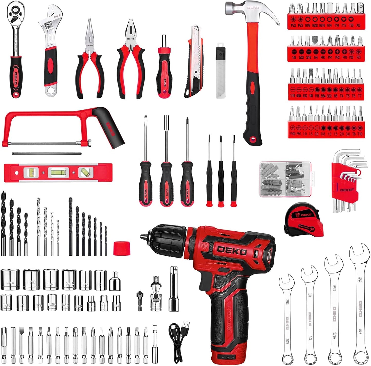 Tool Set: Tool Kit with 12V Cordless Drill, Hand Toolbox with storage case, Mechanic Tool set for Home Repairs, Blue