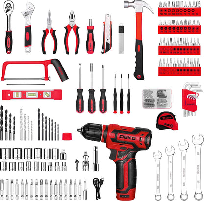 Tool Set: Tool Kit with 12V Cordless Drill, Hand Toolbox with storage case, Mechanic Tool set for Home Repairs, Blue