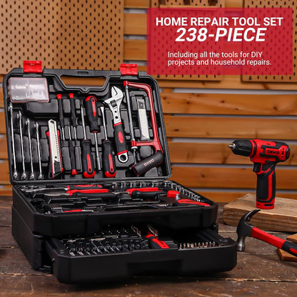 Tool Set: Tool Kit with 12V Cordless Drill, Hand Toolbox with storage case, Mechanic Tool set for Home Repairs, Blue