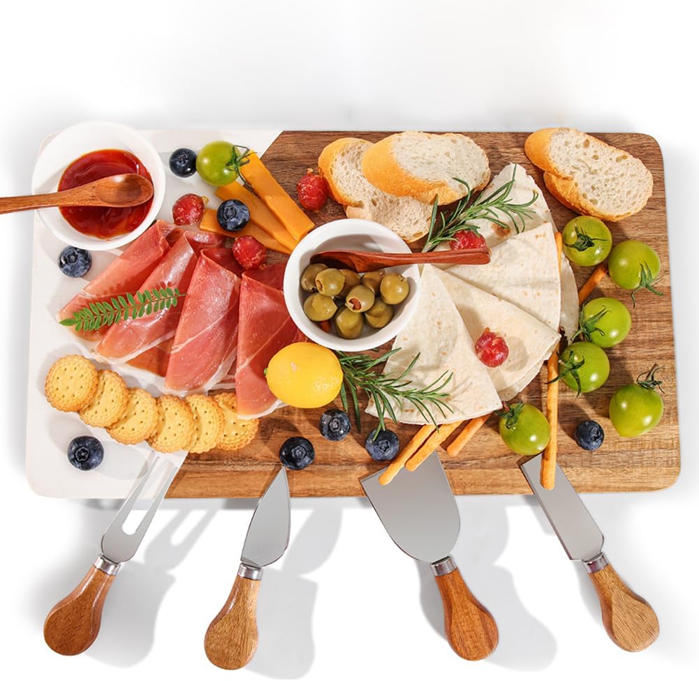 Acacia Wood & Marble Charcuterie Board Set, Cheese Board Platter Tray with 4 Knives 2 Bowls & 2 Spoons, Serving Tray Platter for Wine Night Parties Hosting Weddings Housewarming Gifts