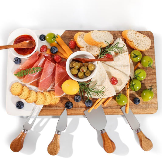 Acacia Wood & Marble Charcuterie Board Set, Cheese Board Platter Tray with 4 Knives 2 Bowls & 2 Spoons, Serving Tray Platter for Wine Night Parties Hosting Weddings Housewarming Gifts