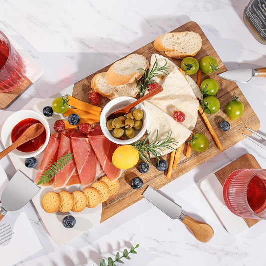 Acacia Wood & Marble Charcuterie Board Set, Cheese Board Platter Tray with 4 Knives 2 Bowls & 2 Spoons, Serving Tray Platter for Wine Night Parties Hosting Weddings Housewarming Gifts