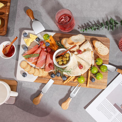 Acacia Wood & Marble Charcuterie Board Set, Cheese Board Platter Tray with 4 Knives 2 Bowls & 2 Spoons, Serving Tray Platter for Wine Night Parties Hosting Weddings Housewarming Gifts