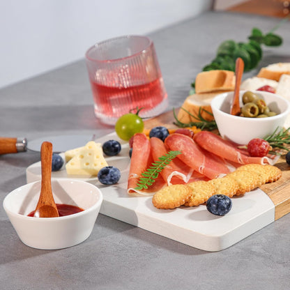 Acacia Wood & Marble Charcuterie Board Set, Cheese Board Platter Tray with 4 Knives 2 Bowls & 2 Spoons, Serving Tray Platter for Wine Night Parties Hosting Weddings Housewarming Gifts