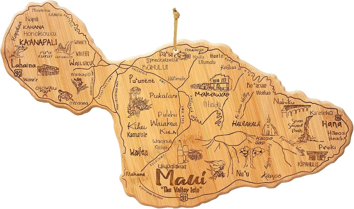 Destination Maui Serving and Cutting Board, Includes Hang Tie for Wall Display | Maui charcuterie serving board with engraved map artwork. Smooth reverse side for food prep. Hang tie for wall display.
