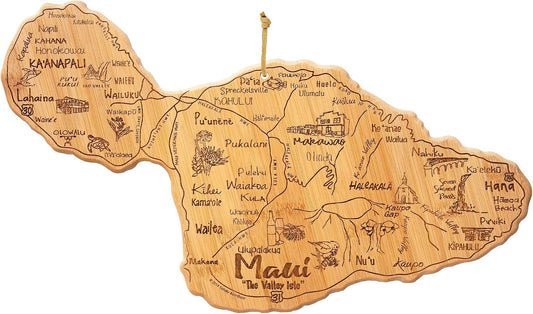 Destination Maui Serving and Cutting Board, Includes Hang Tie for Wall Display | Maui charcuterie serving board with engraved map artwork. Smooth reverse side for food prep. Hang tie for wall display.