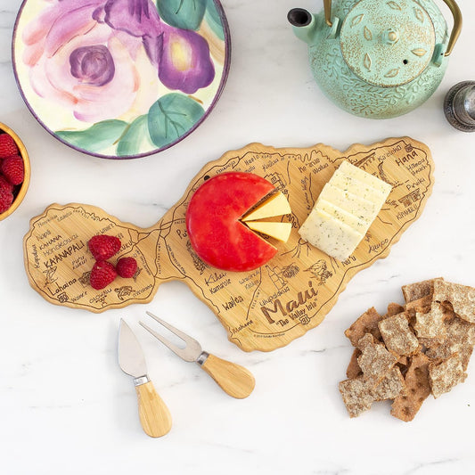 Destination Maui Serving and Cutting Board, Includes Hang Tie for Wall Display | Maui charcuterie serving board with engraved map artwork. Smooth reverse side for food prep. Hang tie for wall display.