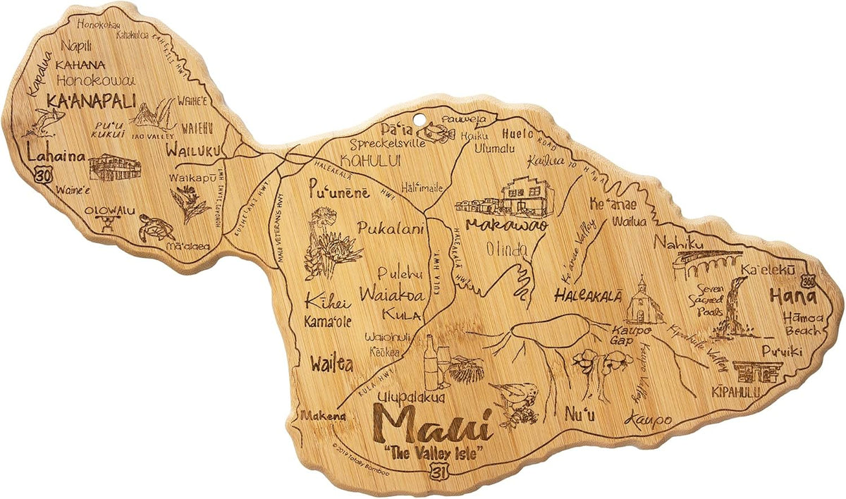 Destination Maui Serving and Cutting Board, Includes Hang Tie for Wall Display | Maui charcuterie serving board with engraved map artwork. Smooth reverse side for food prep. Hang tie for wall display.