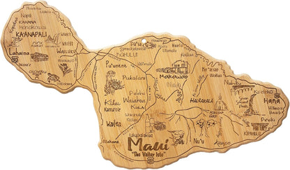 Destination Maui Serving and Cutting Board, Includes Hang Tie for Wall Display | Maui charcuterie serving board with engraved map artwork. Smooth reverse side for food prep. Hang tie for wall display.