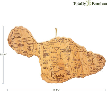 Destination Maui Serving and Cutting Board, Includes Hang Tie for Wall Display | Maui charcuterie serving board with engraved map artwork. Smooth reverse side for food prep. Hang tie for wall display.