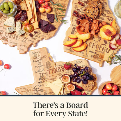 Destination Maui Serving and Cutting Board, Includes Hang Tie for Wall Display | Maui charcuterie serving board with engraved map artwork. Smooth reverse side for food prep. Hang tie for wall display.