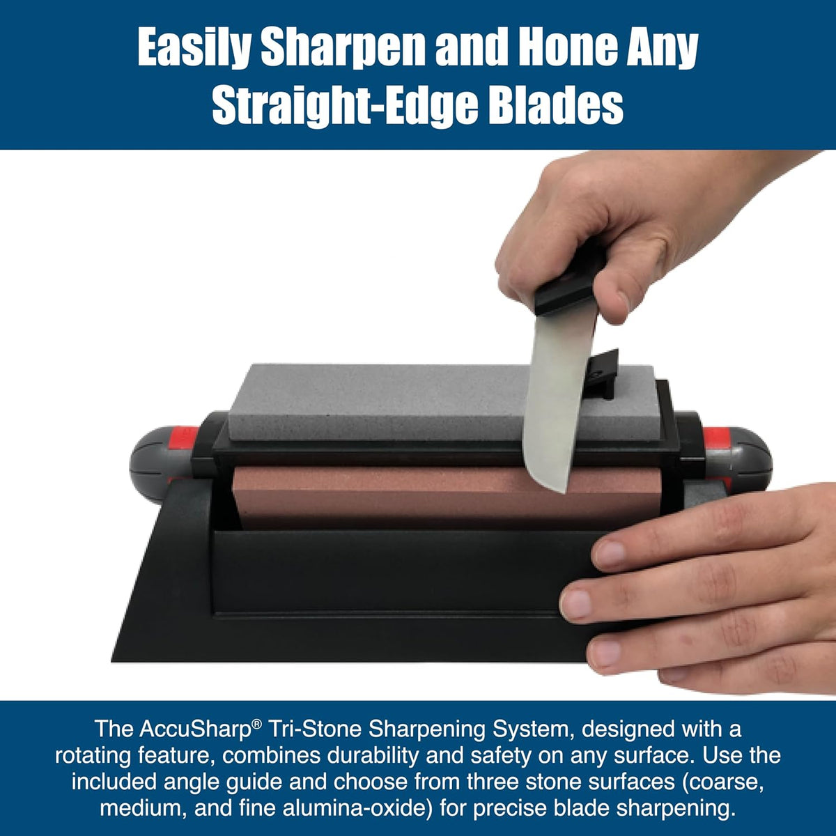 AccuSharp Deluxe Tri-Stone Knife & Tool Sharpening System Kit, Slip Resistant, Mountable Rubber-Grip Base, Quickly Sharpens, Restores, Repairs & Hones All Types of Blades & Knives, Black