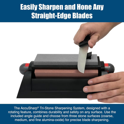 AccuSharp Deluxe Tri-Stone Knife & Tool Sharpening System Kit, Slip Resistant, Mountable Rubber-Grip Base, Quickly Sharpens, Restores, Repairs & Hones All Types of Blades & Knives, Black