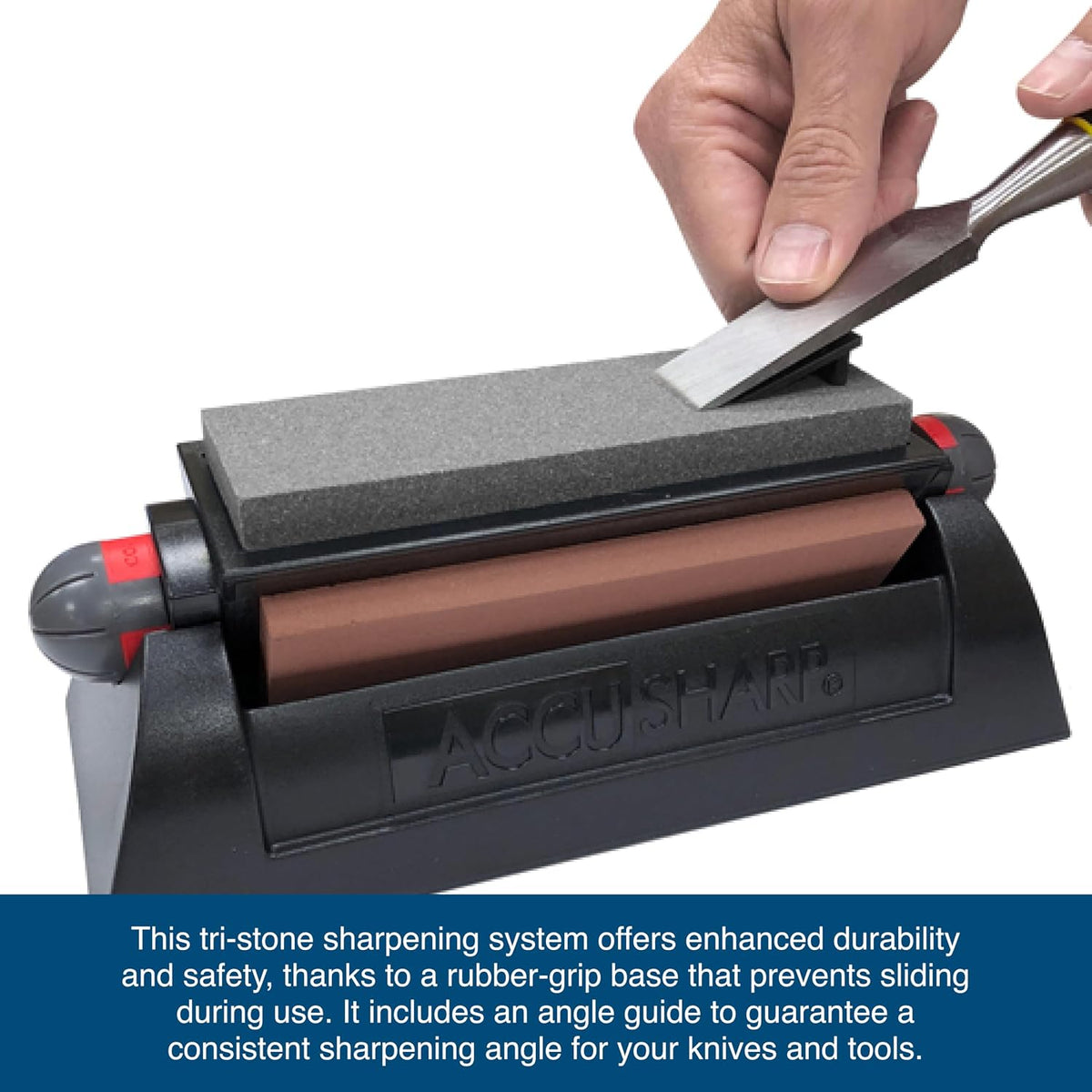 AccuSharp Deluxe Tri-Stone Knife & Tool Sharpening System Kit, Slip Resistant, Mountable Rubber-Grip Base, Quickly Sharpens, Restores, Repairs & Hones All Types of Blades & Knives, Black