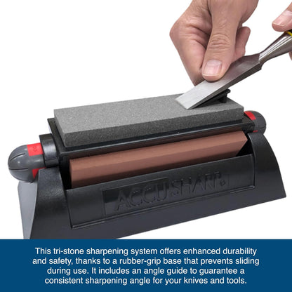 AccuSharp Deluxe Tri-Stone Knife & Tool Sharpening System Kit, Slip Resistant, Mountable Rubber-Grip Base, Quickly Sharpens, Restores, Repairs & Hones All Types of Blades & Knives, Black