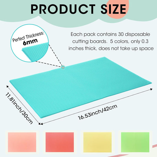 30 Pack 17 x 12 Inch Disposable Colored Cutting Boards for Kitchen, Foldable Cutting Boards with Built-in Creases, Flexible Plastic Mats for Kitchen and Commercial Use