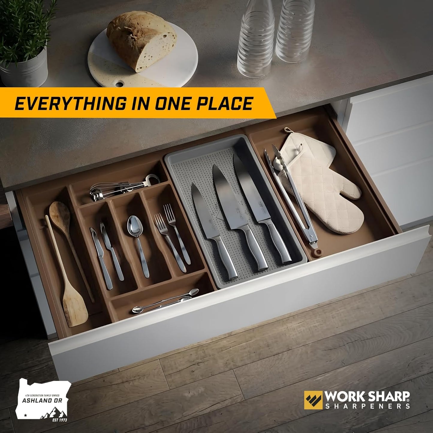 Knife Valet Tray – Desktop & Work Station Organizer For Knives & Sharp Tools - Interior 4.625” x 7.3125” Exterior 5.1875 x 7.8125 – Stays Put With Secure Grip