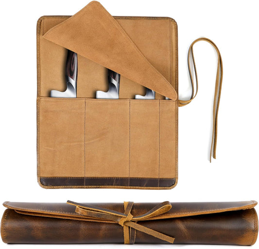 Leather Knife Roll Bag Professional Chef Knife Case, Durable Knife Sheath Holder, Cooks & Culinary Tools Carrying Storage, Portable Knife Wrap - 4 Slots