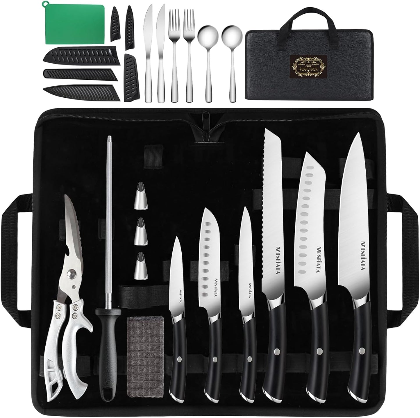Chef Knife Sets with Carry case Bag, 19 Pieces Professional Knife Set with Knife Sharpening Rod, High Carbon Stainless Steel Kitchen Chef Knives Set，Dishwasher Safe, For Outdoor
